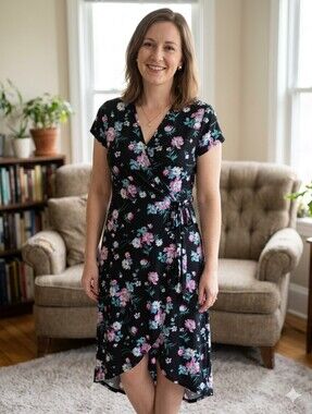 Kristin Nicole Floral Faux Wrap Dress | High-Low Hem | Black, Pink & Blue |